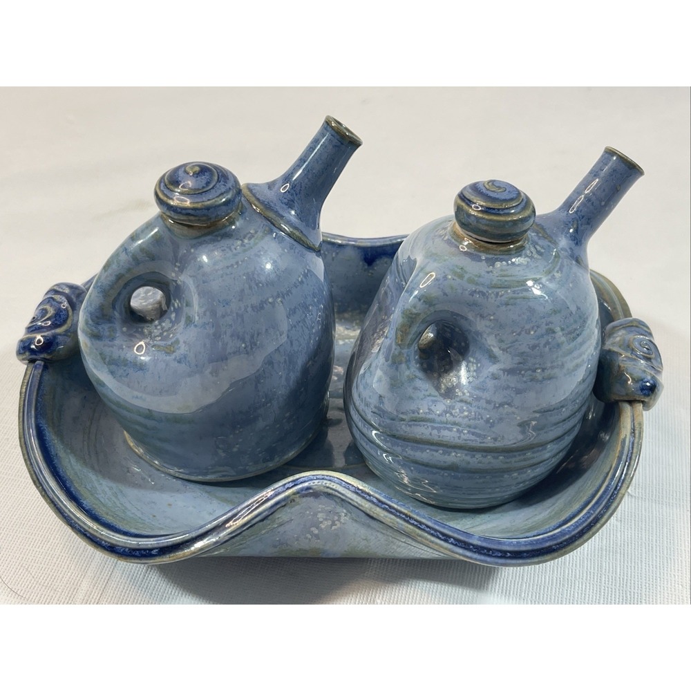 Studio Pottery‎ Oil & Vinegar Cruet Set Blue Glaze w Tray Signed R